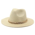 Classic wide brim straw sun hat in cream white featuring a decorative gold chain link - M (56-58cm) / Off White