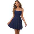 Sparkly dark blue sequined mini party dress with thin straps and a high-waist A-line fit - US size 2 / Top And Bottom / Navy Blue