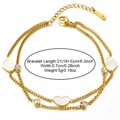Double-layer gold bracelet detail with heart pendants and specific size measurements - Double Layer Three Hearts Clear Stone Style (B02691G)