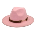 Detail of pink wool fedora hat featuring a brown band with a gold horsebit buckle - Pink / M (56-58cm)