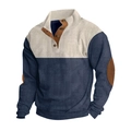 Dettaglio del maglione in maglia blu e beige con collo alto abbottonato e gomitiere - S / Blu navy