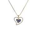Detailed view of heart pendant with blue stones and golden box chain on white background - Double Layer Blue Stone Heart