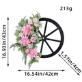 Christmas wagon wheel wreath with pink dahlia flowers and green leaves dimensions guide - S3-9 Pink Flower Wagon Wheel Wreath