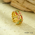 Detailed view of 18K gold plated stainless steel ring with colorful enamel stripes and beads - Braid Texture Beaded Enamel