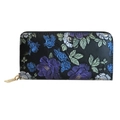 Black long wallet with embossed floral design and golden zipper in flat lay view - Jasmine