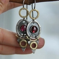 Vintage silver and brass pendant earrings with red round stone and hammered texture metal - Antique Silver/Gold/Red