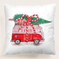 Funda de cojín navideña blanca con estampado de furgoneta vintage y árbol de Navidad - Furgoneta retro Feliz Navidad (39) / 45x45 cm