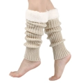 Close-up of beige knitted leg warmer featuring soft white faux fur trim on the top edge - One Size / Beige