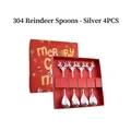 Set of 4 silver 304 stainless steel elk-shaped coffee spoons in a red Christmas gift box - 304 Stainless Steel Elk Spoon 4PCS Set (Red Box) / Silver