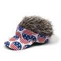 Detail of creative American flag baseball cap with thick brownish synthetic wig on top - Round Flag + Coffee Hair