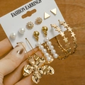 6-pair set of vintage gold geometric earrings with pearls and hoops on a display card - E078/Flower Style / Gold/White