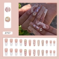 French long trapezoid press-on nails with 3D white flowers, rhinestones and glitters - Z757 Sparkling Flower