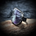 Adjustable vintage ring with irregular natural purple crystal on a dark rustic band - Colorful Fluorite - Unpolished