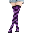 Women's thigh high socks with classic black and purple striped knit pattern - Light Purplish Red & Black Thin Stripes