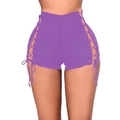 Purple high waist denim shorts with side lace-up detail and crisscross bandages - S / Light Purple
