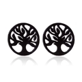 Macro detail of round matte black Tree of Life hollow stud earrings in stainless steel - 193/Tree of Life / Black