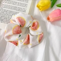 White organza scrunchie with pink grapefruit pattern on white fabric with tulips - Pink Grapefruit
