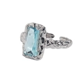 Minimalist S925 silver ring with hammered texture and rectangular aquamarine blue stone - Sea Blue Gemstone / White Gold