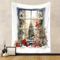 Dettaglio dell'arazzo natalizio con finestra innevata e scatole regalo decorative - 73X95CM / GT230338 Finestra di Natale Fiocco Rosso/Tessuto Spazzolato