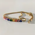 Elegant gold box chain bracelet with rainbow gradient gemstones and adjustable slider clasp - Gold Multicolor Zirconia (SBK448)