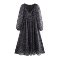 Robe longue vintage française à imprimé léopard, col en V et manches longues - XS / Gris Ardoise