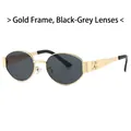 Ovale Metall-Sonnenbrille mit goldenem Rahmen und dunkelgrauen Gläsern und Logo-Detail - Goldrahmen Schwarzgrau