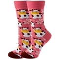 Detail of pink crew socks with cartoon cow pattern and contrast heel and toe - Rose Red Flower Cow