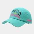 Detail of mint green baseball cap featuring high-quality embroidery and distressed brim - Adjustable / Lake Blue