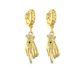 Detail of gold-plated hand charms earrings with zircon accents and enamel eye pattern - Gold/Turquoise Accents