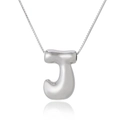 Detailed view of silver capital letter J pendant with polished finish on box chain - Letter J