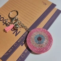 Pink evil eye keychain with sparkling rhinestones and matching leather tassel charm - Pink