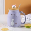 Purple ceramic cat mug with wooden lid featuring a cute white cat figurine and metal spoon - Purple