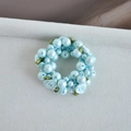 Handmade light blue pearl hair tie featuring a satin rose flower and green ribbon leaves - 3# Blue Rose Faux Pearl Hair Tie