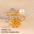 Adjustable gold flower ring with four-leaf clover motif and pearl on stainless steel - 901G-1 / Gold
