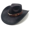 Detail of western cowboy hat featuring brown leather band and silver bull skull ornament - M (56-58cm) / Striped Black
