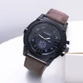 Detail of the black dial and brown suede strap on this men's quartz fashion watch - Dark Brown