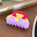 Acetate hair claw clip in purple and yellow pattern with pink handle on wooden table - 8.5cm / Yellow & Purple