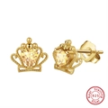 Elegant gold S925 sterling silver crown stud earrings with yellow heart cubic zirconia - Yellow Heart Crown - Gold