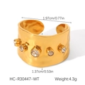 Detail of 18K gold plated wide open ring with five cubic zirconia and hammered texture - Hammered Wide Ring (White Zirconia) (HC-R30447-WT)