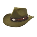 Detail of olive green wool fedora hat with brown leather band and silver metal accents - M (56-58cm) / Army Green