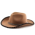 Classic brown felt western cowboy hat with studded leather band and wide brim design - M (56-58cm) / Stitched Khaki Hat with Black Edge
