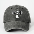 Vintage washed charcoal baseball cap with white dumbbell print and adjustable strap - Black