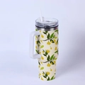 40oz stainless steel tumbler with yellow flowers and green leaves pattern and handle - Yellow Daisy/Beige