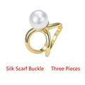 Three-piece set of gold-plated silk scarf rings with white pearls in a minimalist design - Artificial Pearl Scarf Buckle / Set of 3 / Gold