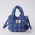 Dark blue ruched cloud bag with gold bow, plush charm and detachable shoulder strap - Dark Blue