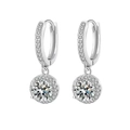 Close-up of sparkling halo stud earrings with round brilliant-cut zircons in silver finish - Round Halo Dangle Earrings (ED61)