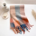 Thick plaid mohair scarf in pink, blue and orange stripes with soft tassels finish - Orange Pink Rainbow