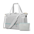 Light grey gym bag set with USB port and mint green zipper details for travel - Gray