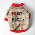Detail of warm dog fleece sweater featuring I love my Mommy print and red ribbed edges - Khaki I Love Mommy