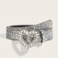Silver glitter belt with rhinestone heart buckle and metallic beaded edges for women - Heart Rhinestone Buckle Silver Sequin Style